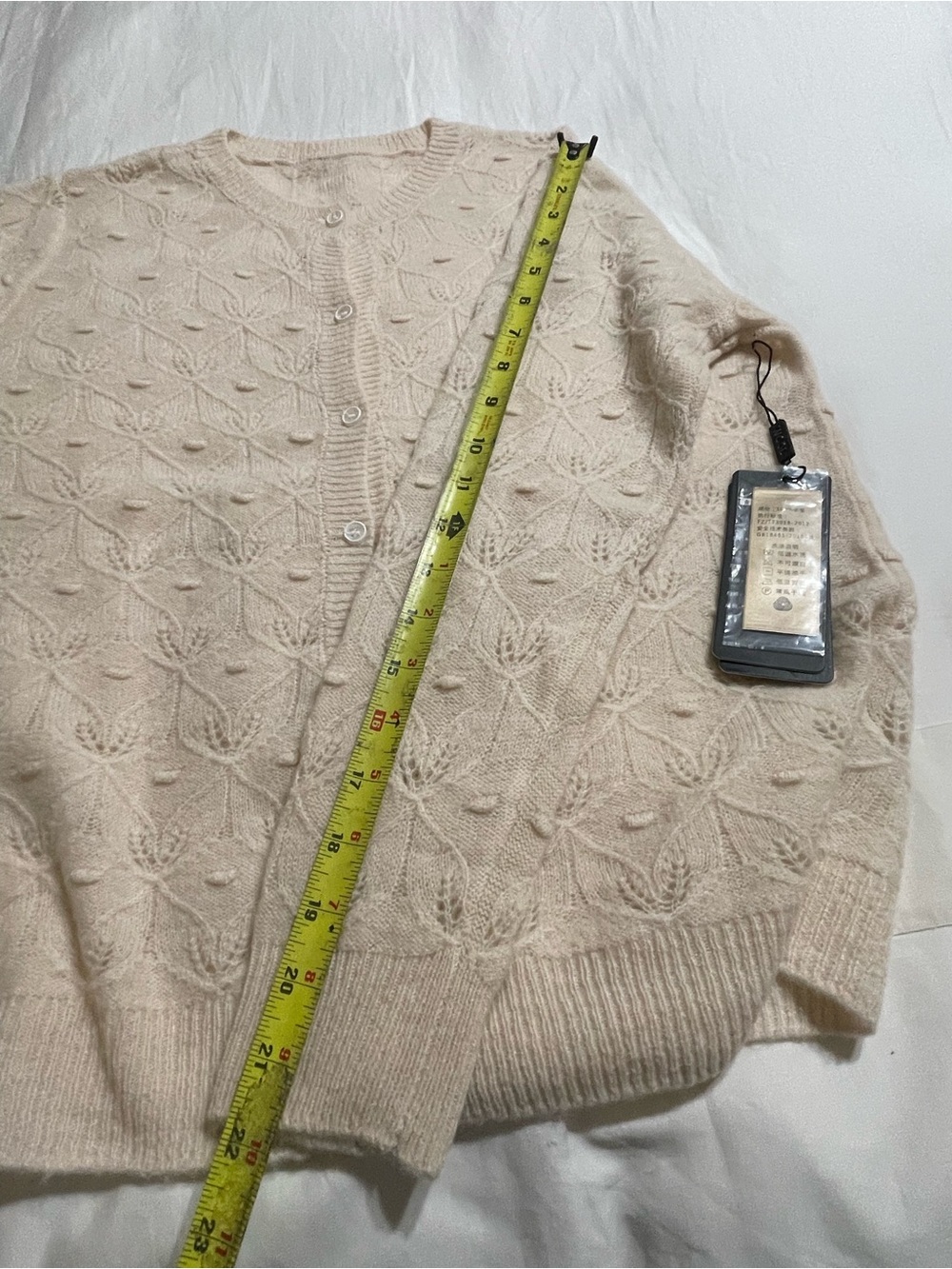 100% Merino Wool Pointelle Knit Cardigan Sweater Cream Leaf - Picture 5 of 12